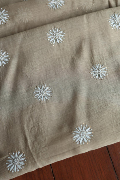 Sand Grey Mal Cotton Chikankari Unstitched Fabrics With Kamdani