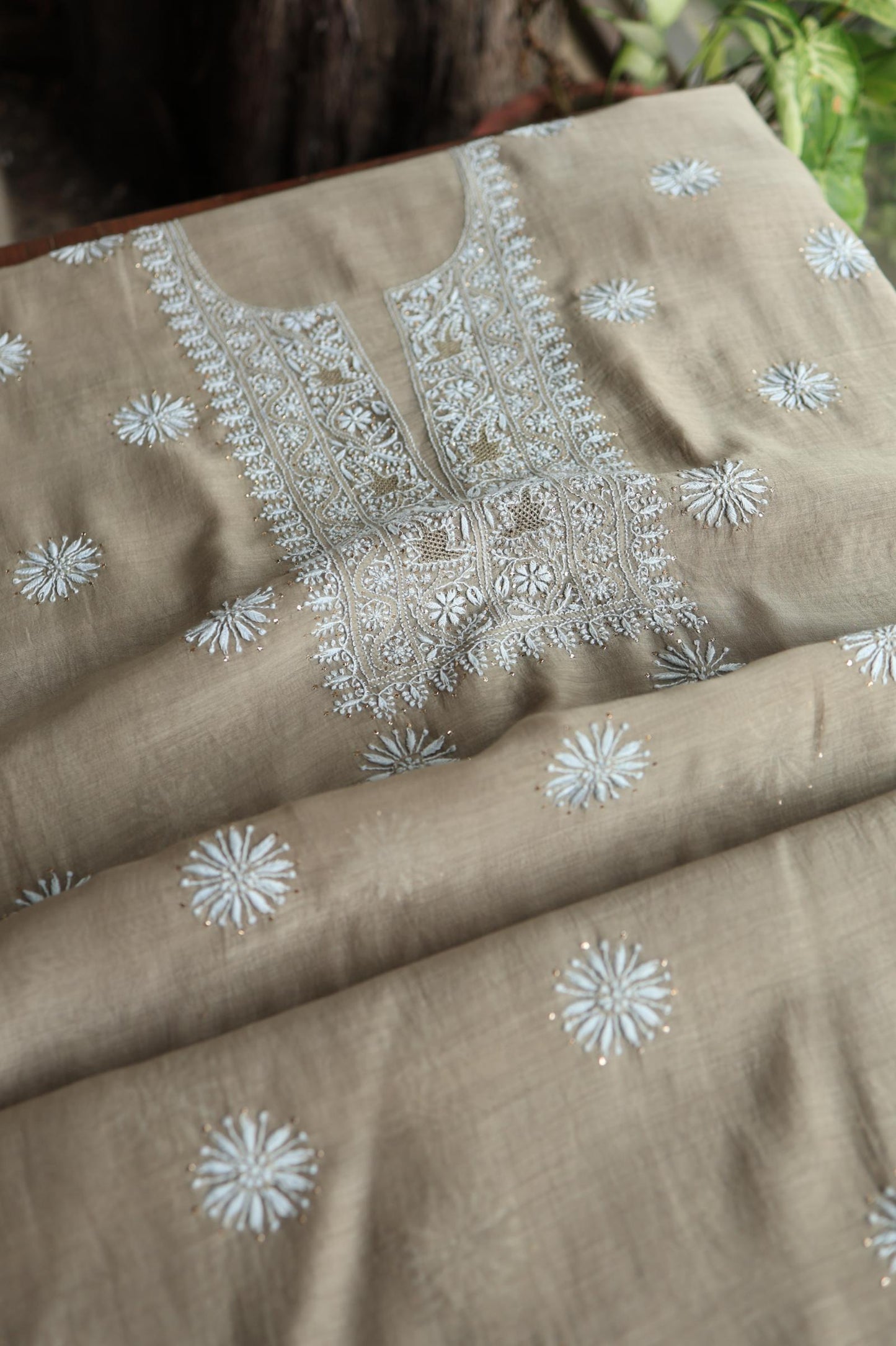 Sand Grey Mal Cotton Chikankari Unstitched Fabrics With Kamdani