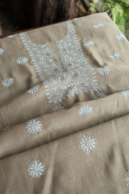 Sand Grey Mal Cotton Chikankari Unstitched Fabrics With Kamdani