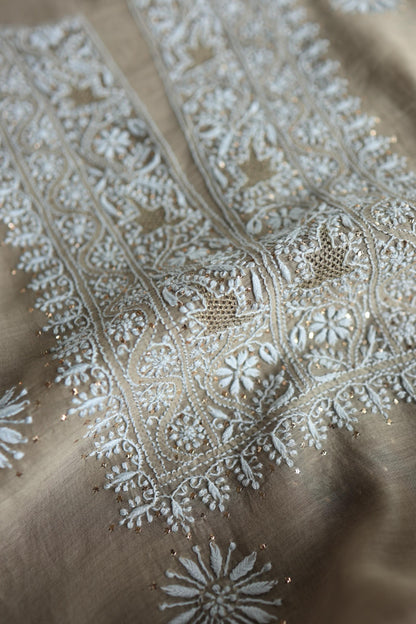 Sand Grey Mal Cotton Chikankari Unstitched Fabrics With Kamdani