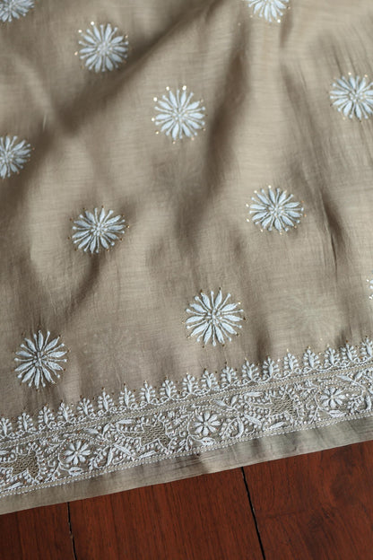 Sand Grey Mal Cotton Chikankari Unstitched Fabrics With Kamdani