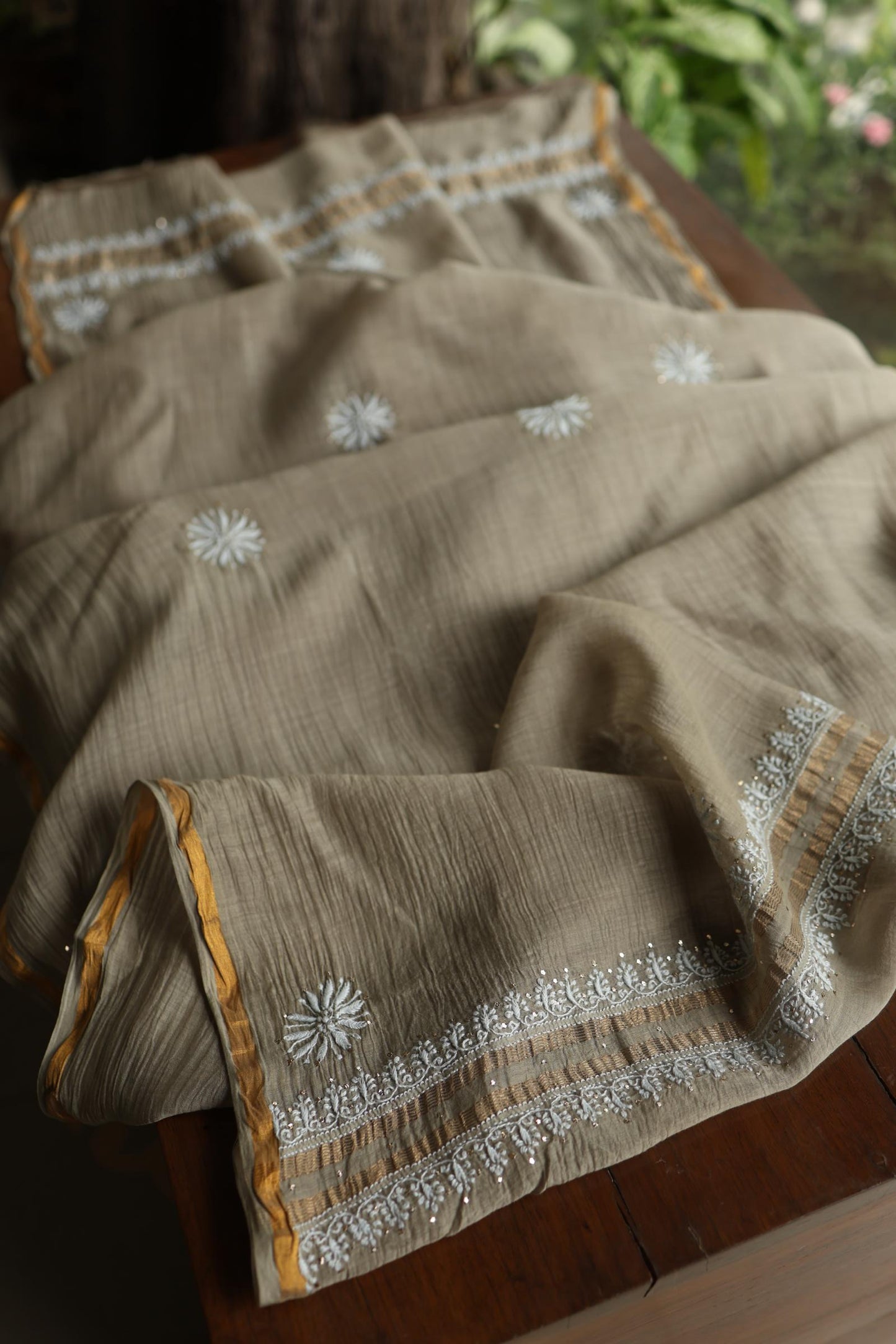 Sand Grey Mal Cotton Chikankari Unstitched Fabrics With Kamdani