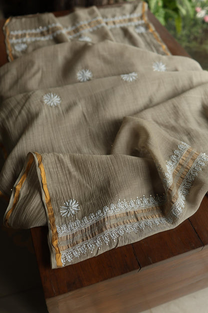 Sand Grey Mal Cotton Chikankari Unstitched Fabrics With Kamdani