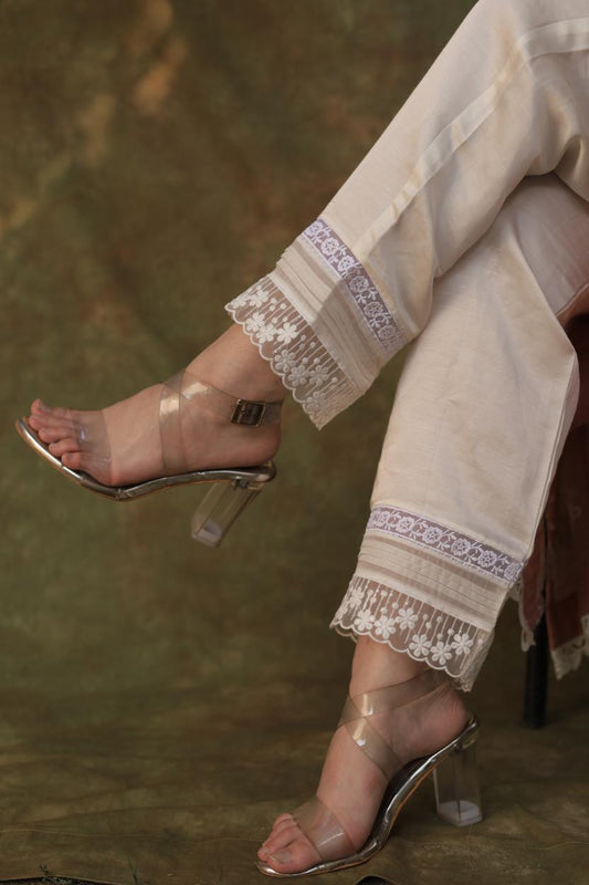 Satin Linen Off White Straight Pant With Organza Lace & One Side Pocket