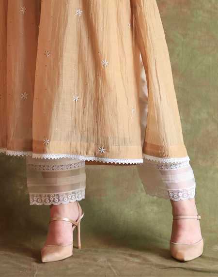 Satin Linen Silk Off White Straight Pant With Organza Lace & One Side Pocket