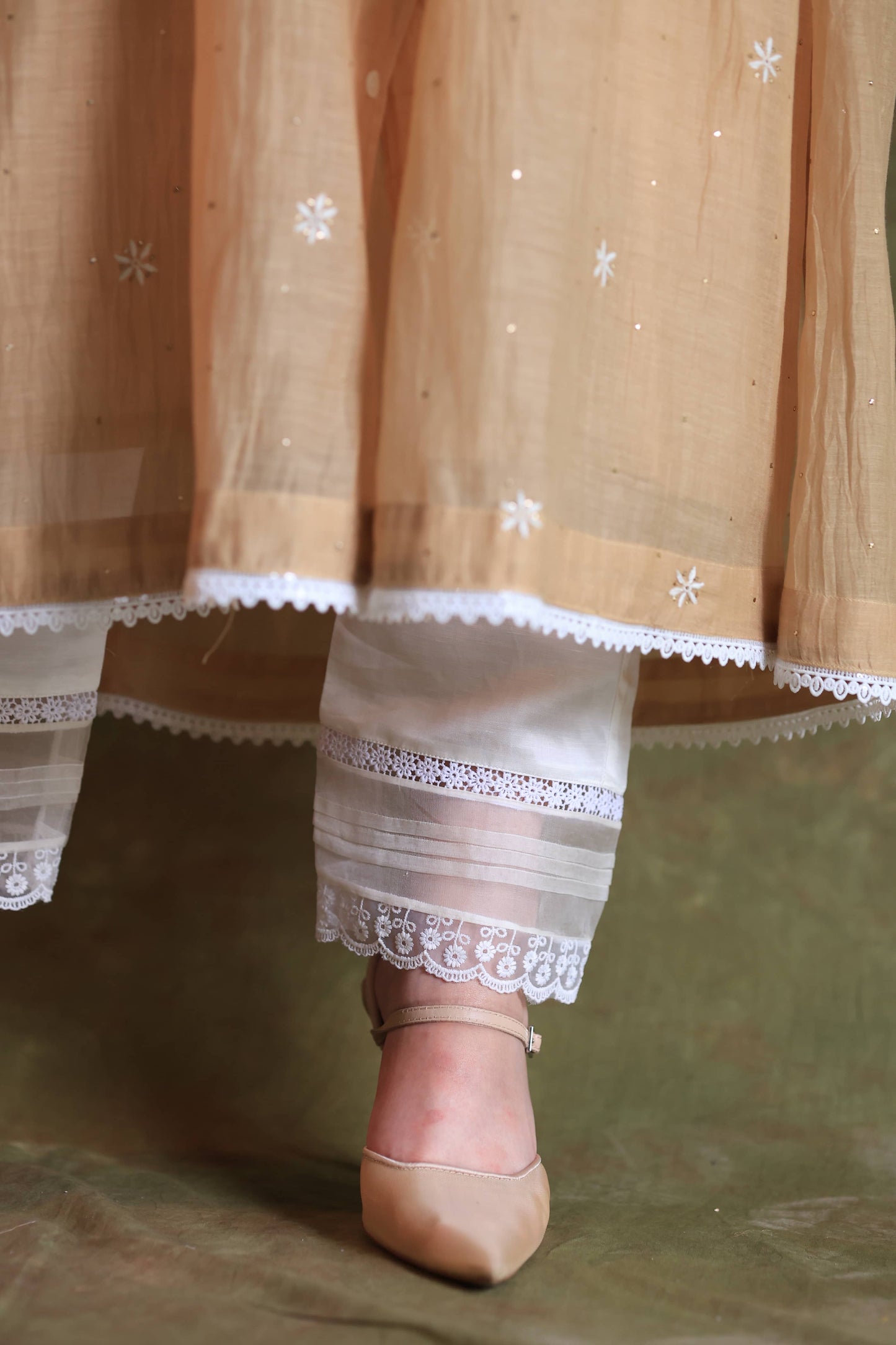 Satin Linen Silk Off White Straight Pant With Organza Lace & One Side Pocket