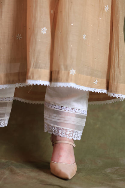 Satin Linen Silk Off White Straight Pant With Organza Lace & One Side Pocket