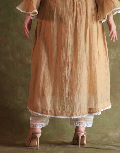 Satin Linen Silk Off White Straight Pant With Organza Lace & One Side Pocket