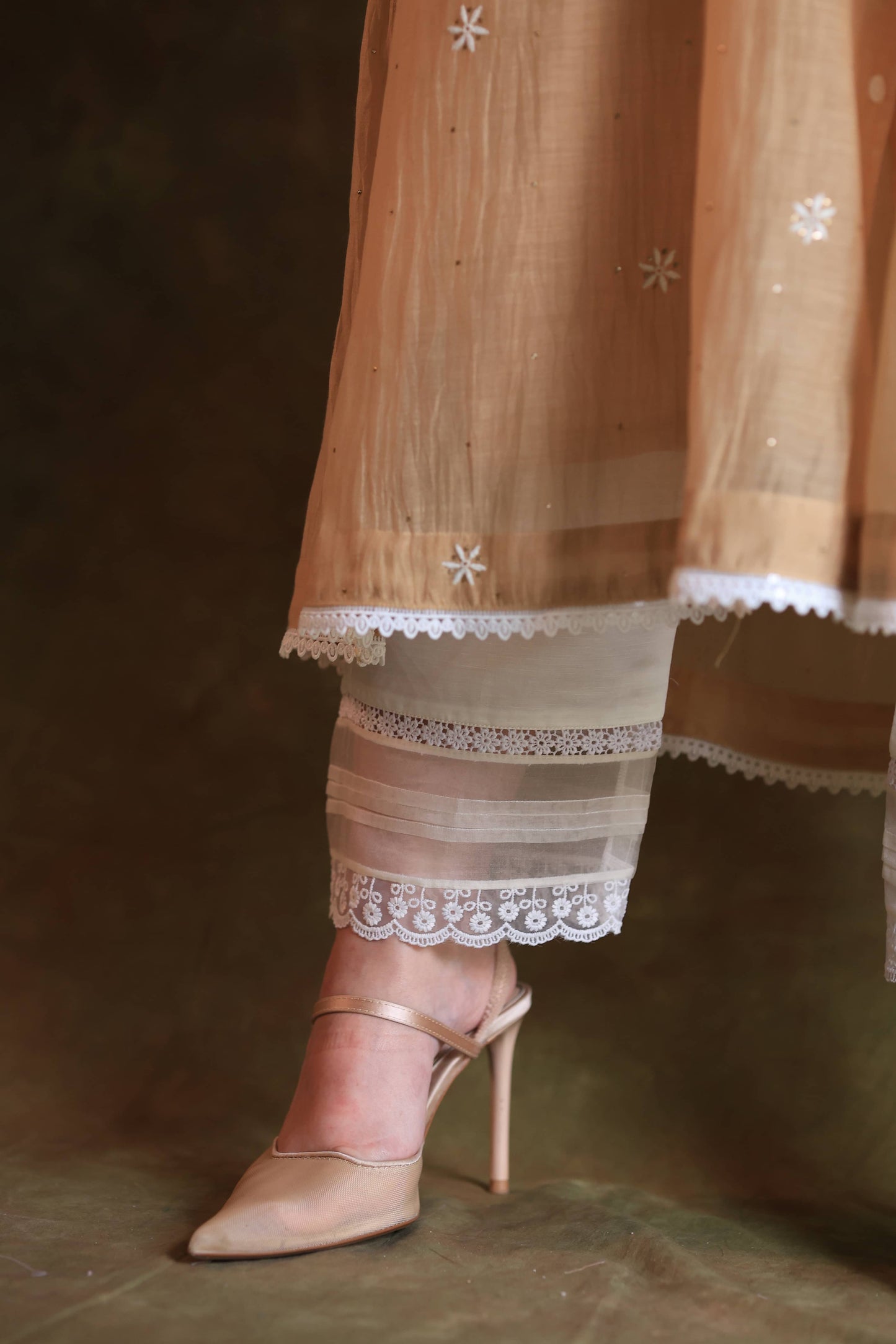 Satin Linen Silk Off White Straight Pant With Organza Lace & One Side Pocket