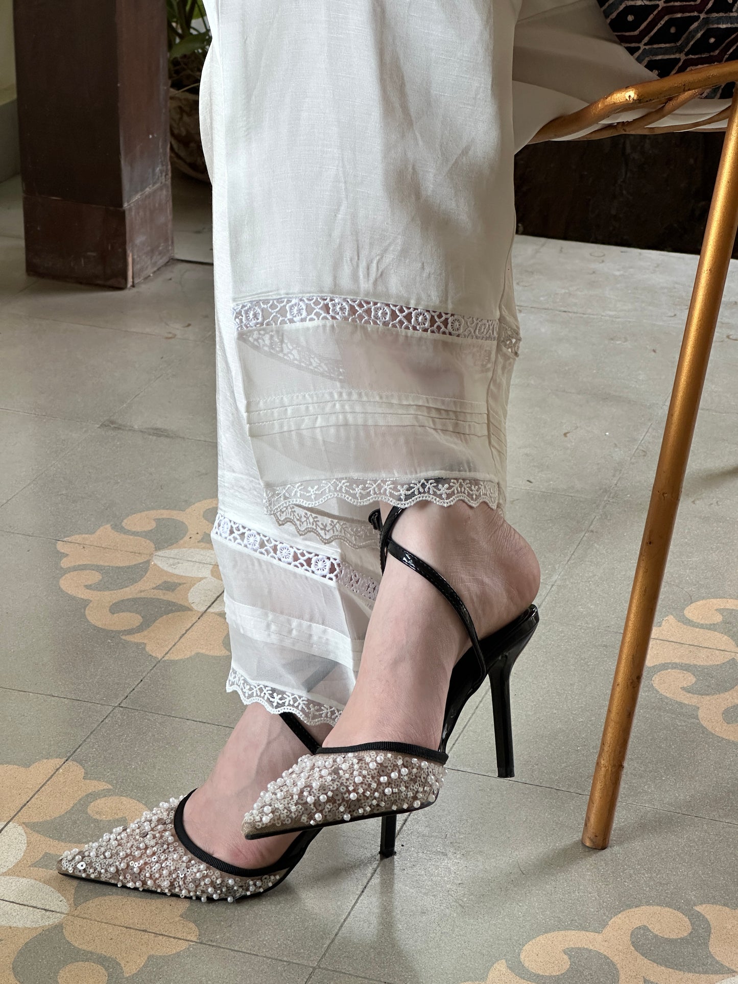 Satin Linen Silk Off White Straight Pant With Organza Lace & One Side Pocket