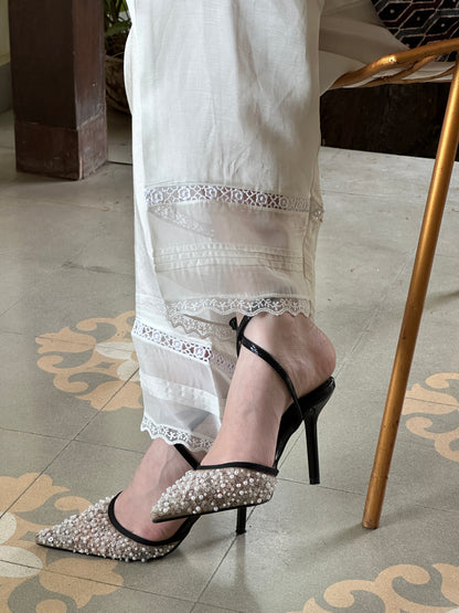 Satin Linen Silk Off White Straight Pant With Organza Lace & One Side Pocket
