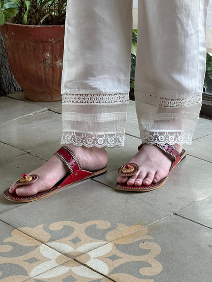 Satin Linen Silk Off White Straight Pant With Organza Lace & One Side Pocket