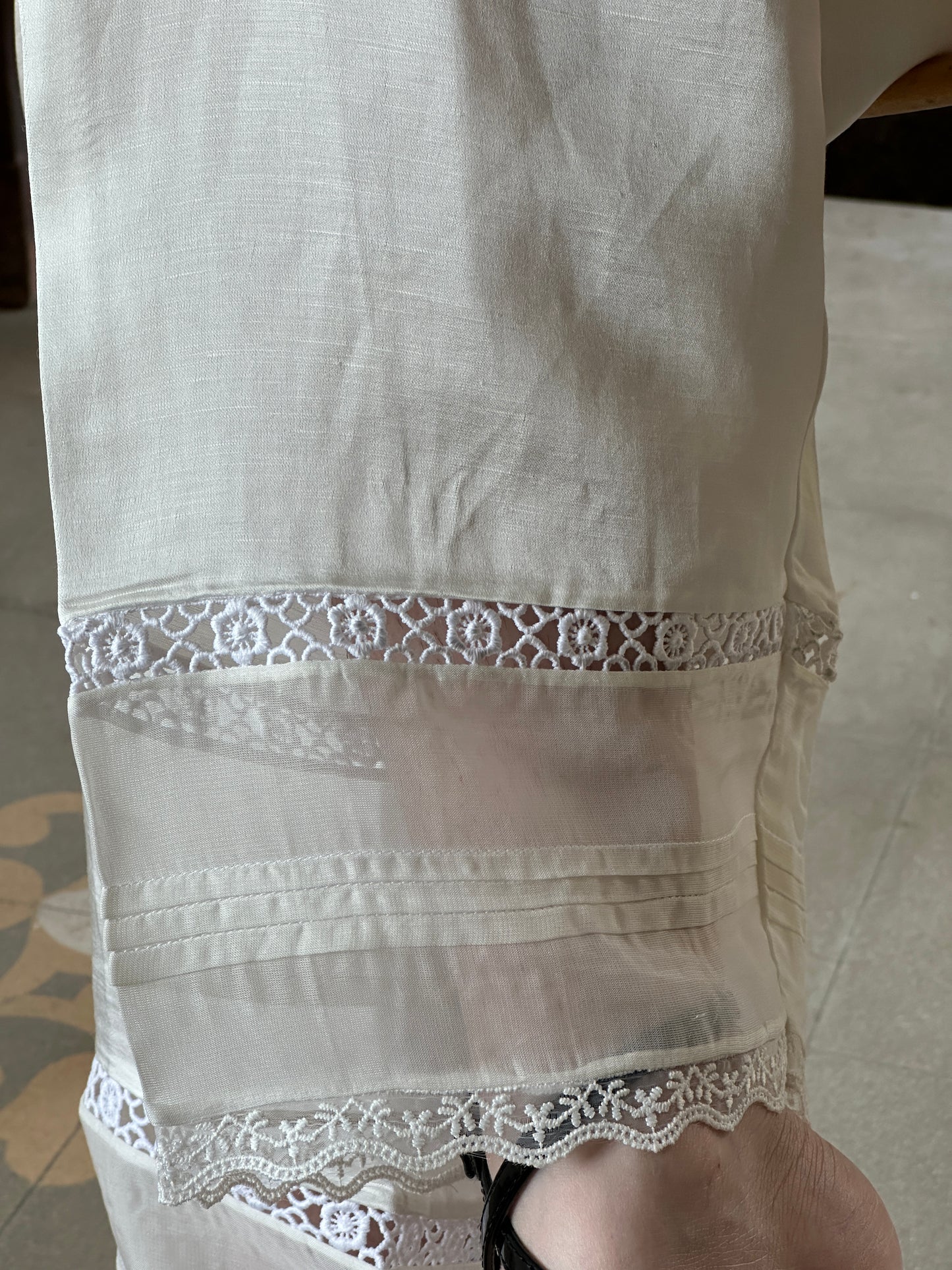 Satin Linen Silk Off White Straight Pant With Organza Lace & One Side Pocket