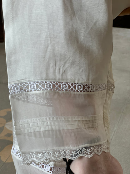 Satin Linen Silk Off White Straight Pant With Organza Lace & One Side Pocket