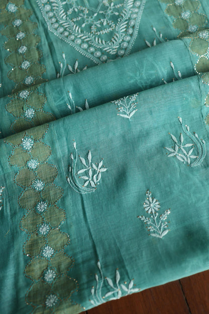 Sea Green Daraz Chanderi Chikankari Kurta Fabrics