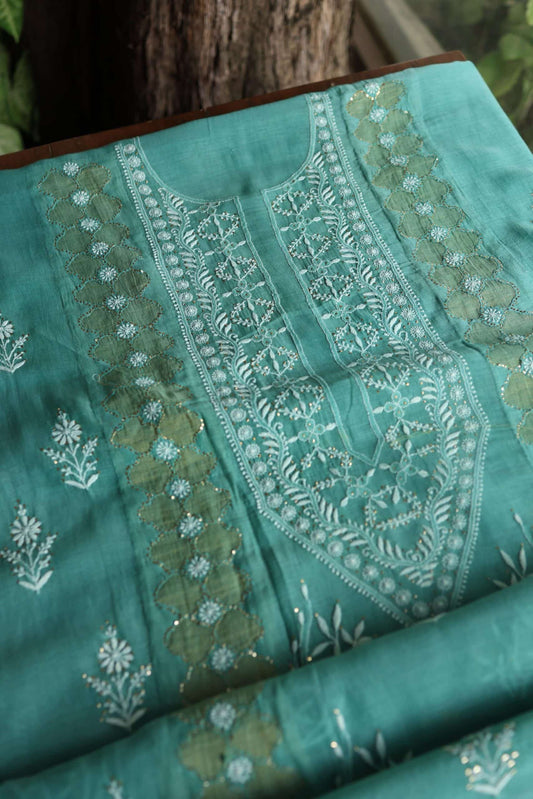 Sea Green Daraz Chanderi Chikankari Kurta Fabrics