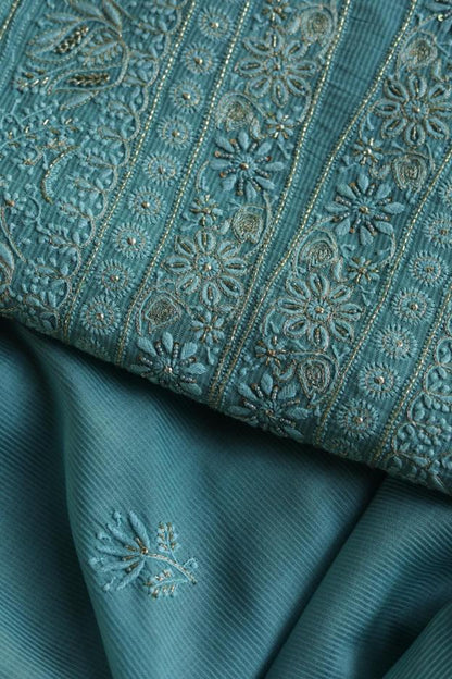 Sea Green Maheshwari Chikankari Unstitched Fabric