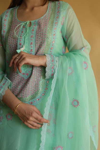Sea Green Mukaish Kamdani Noor Organza Chikankari Kurta Set