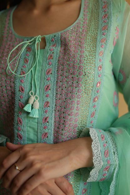 Sea Green Mukaish Kamdani Noor Organza Chikankari Kurta Set