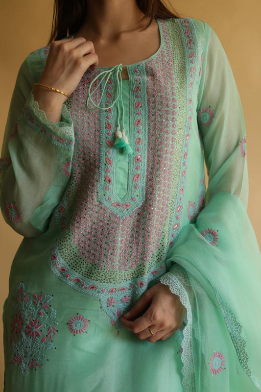 Sea Green Mukaish Kamdani Noor Organza Chikankari Kurta Set