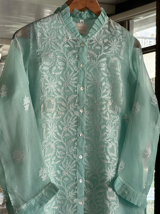 Sea Blue Noor Organza Chikankari Frill Collar Ready To Wear Short Top