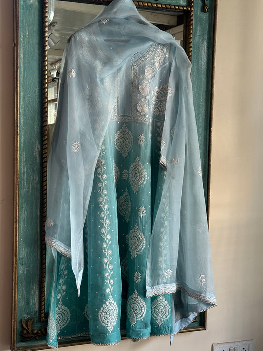 Sea Blue Ombre Shade Noor Organza Chikankari Anarkali With Dupatta