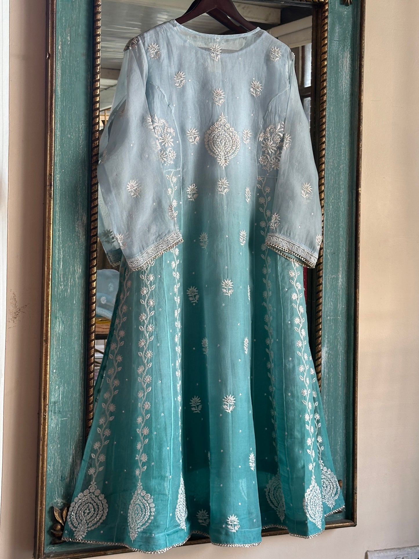 Sea Blue Ombre Shade Noor Organza Chikankari Anarkali With Dupatta