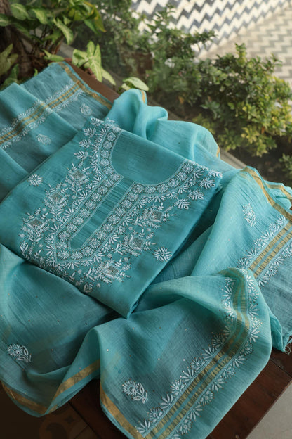 Sea Blue Shade Mal Cotton Fine Chikankari Unstitched Fabric