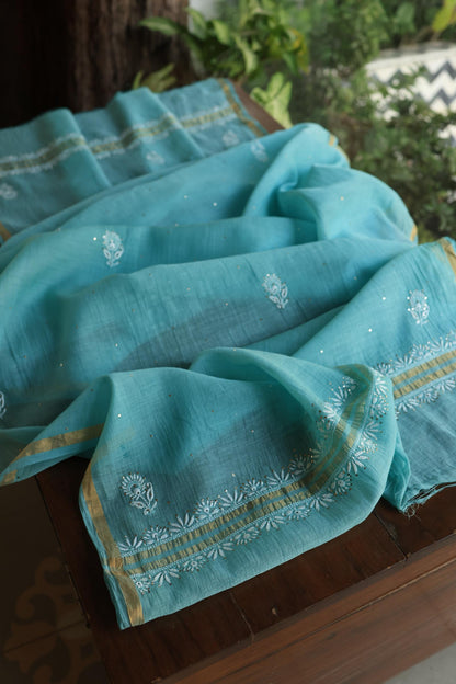 Sea Blue Shade Mal Cotton Fine Chikankari Unstitched Fabric