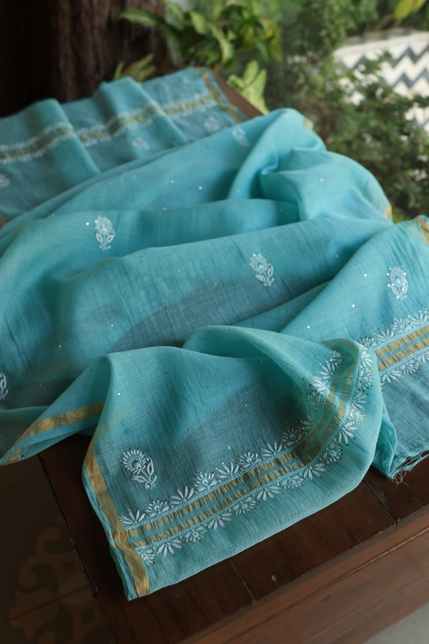 Sea Blue Shade Mal Cotton Fine Chikankari Unstitched Fabric