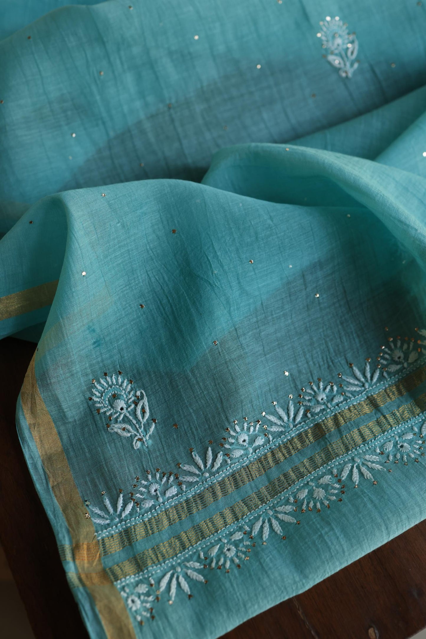 Sea Blue Shade Mal Cotton Fine Chikankari Unstitched Fabric