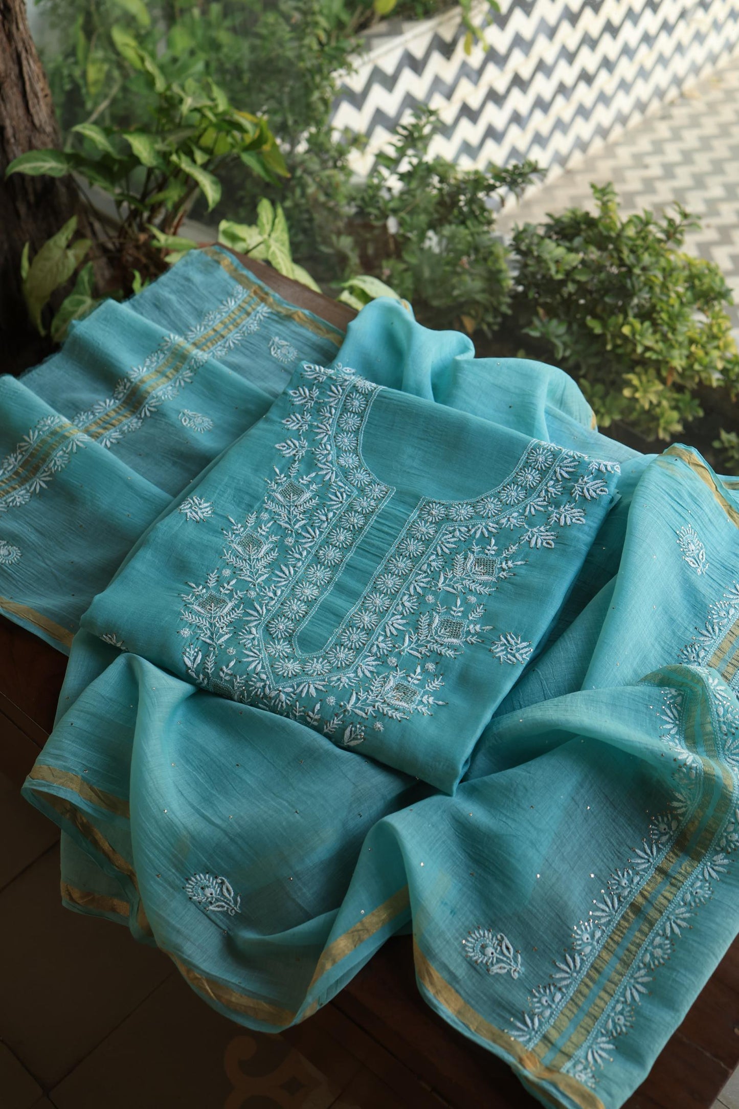 Sea Blue Shade Mal Cotton Fine Chikankari Unstitched Fabric