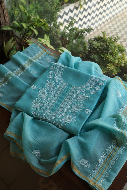 Sea Blue Shade Mal Cotton Fine Chikankari Unstitched Fabric