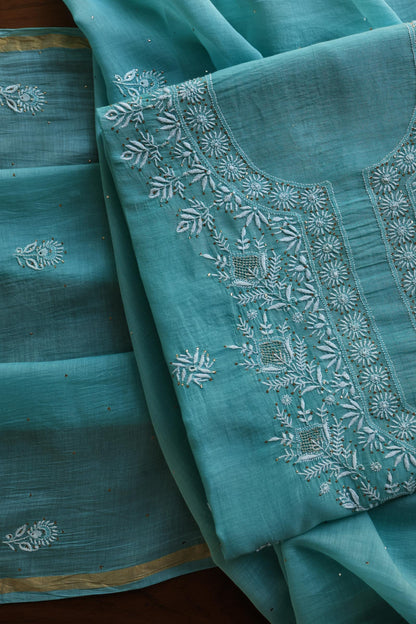 Sea Blue Shade Mal Cotton Fine Chikankari Unstitched Fabric