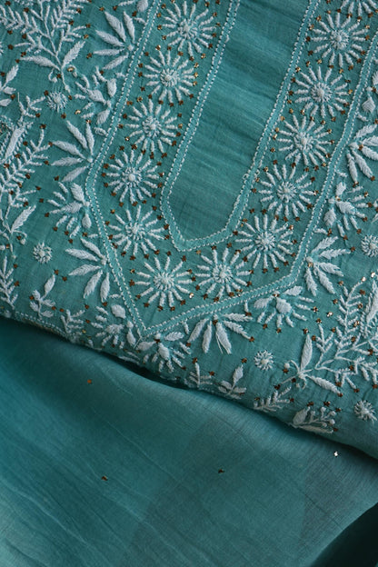 Sea Blue Shade Mal Cotton Fine Chikankari Unstitched Fabric