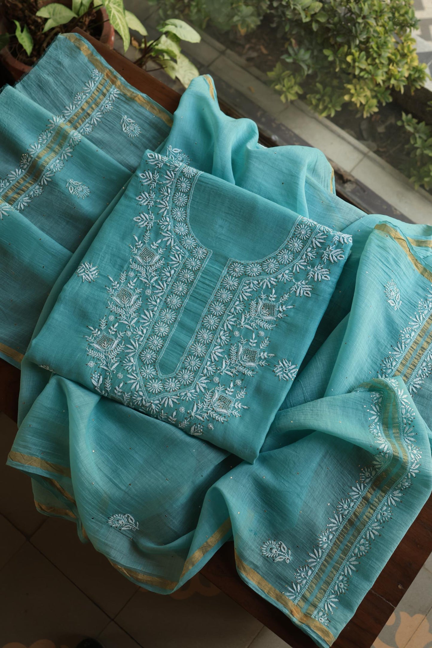 Sea Blue Shade Mal Cotton Fine Chikankari Unstitched Fabric
