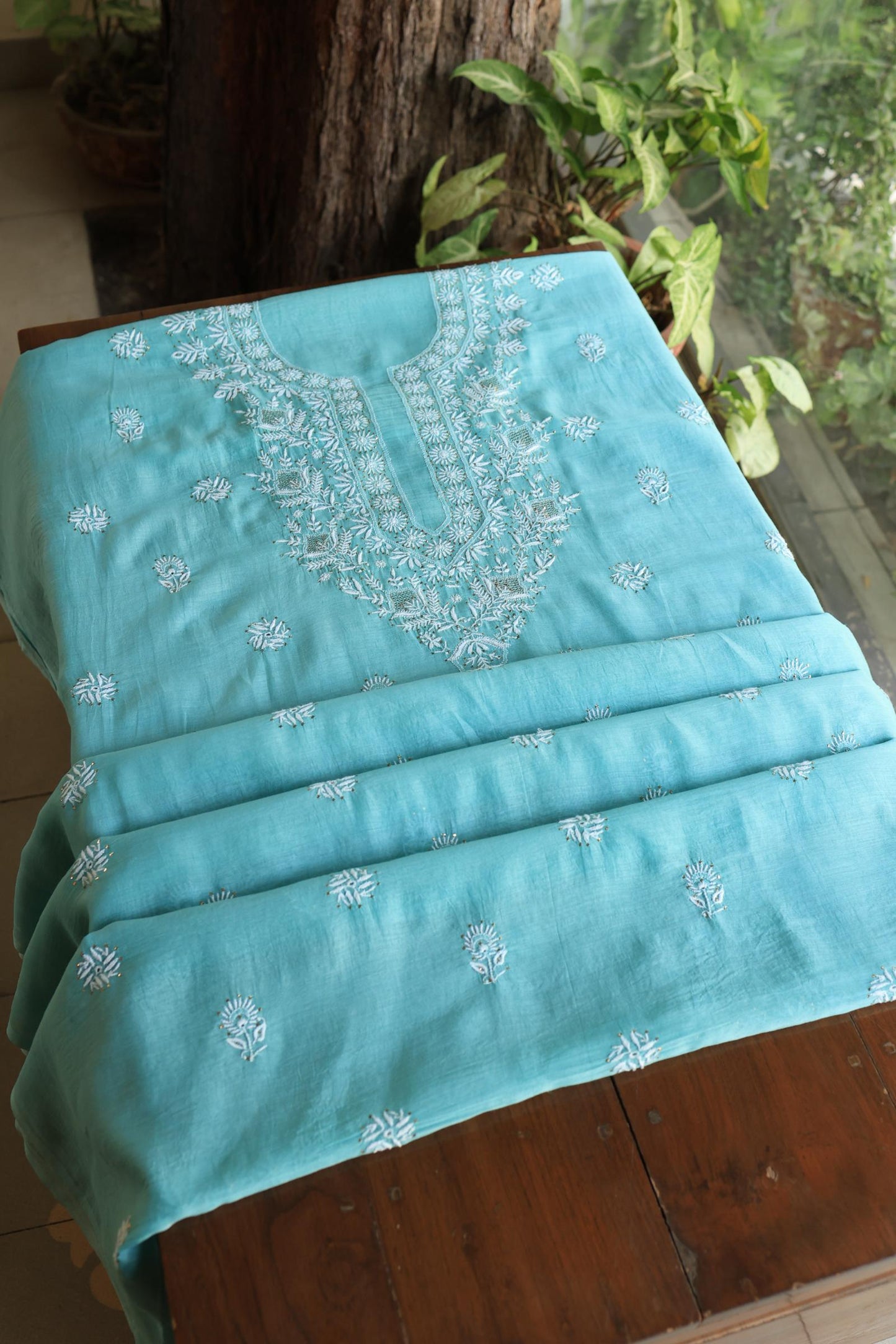Sea Blue Shade Mal Cotton Fine Chikankari Unstitched Fabric