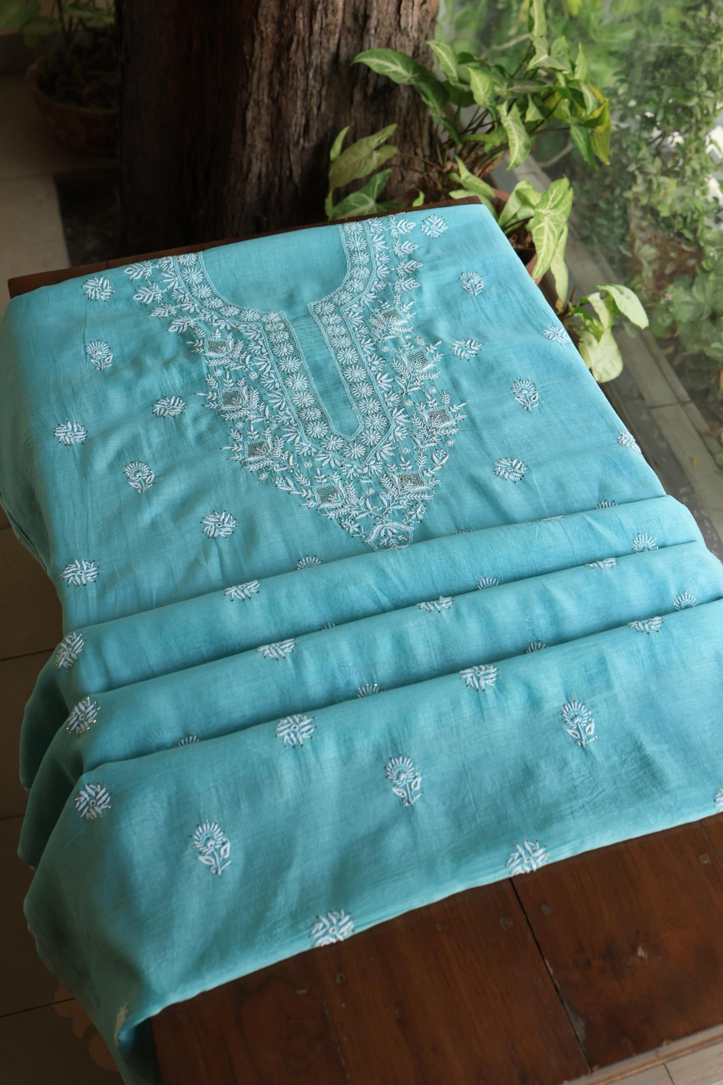 Sea Blue Shade Mal Cotton Fine Chikankari Unstitched Fabric