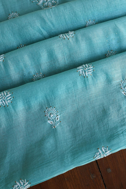 Sea Blue Shade Mal Cotton Fine Chikankari Unstitched Fabric