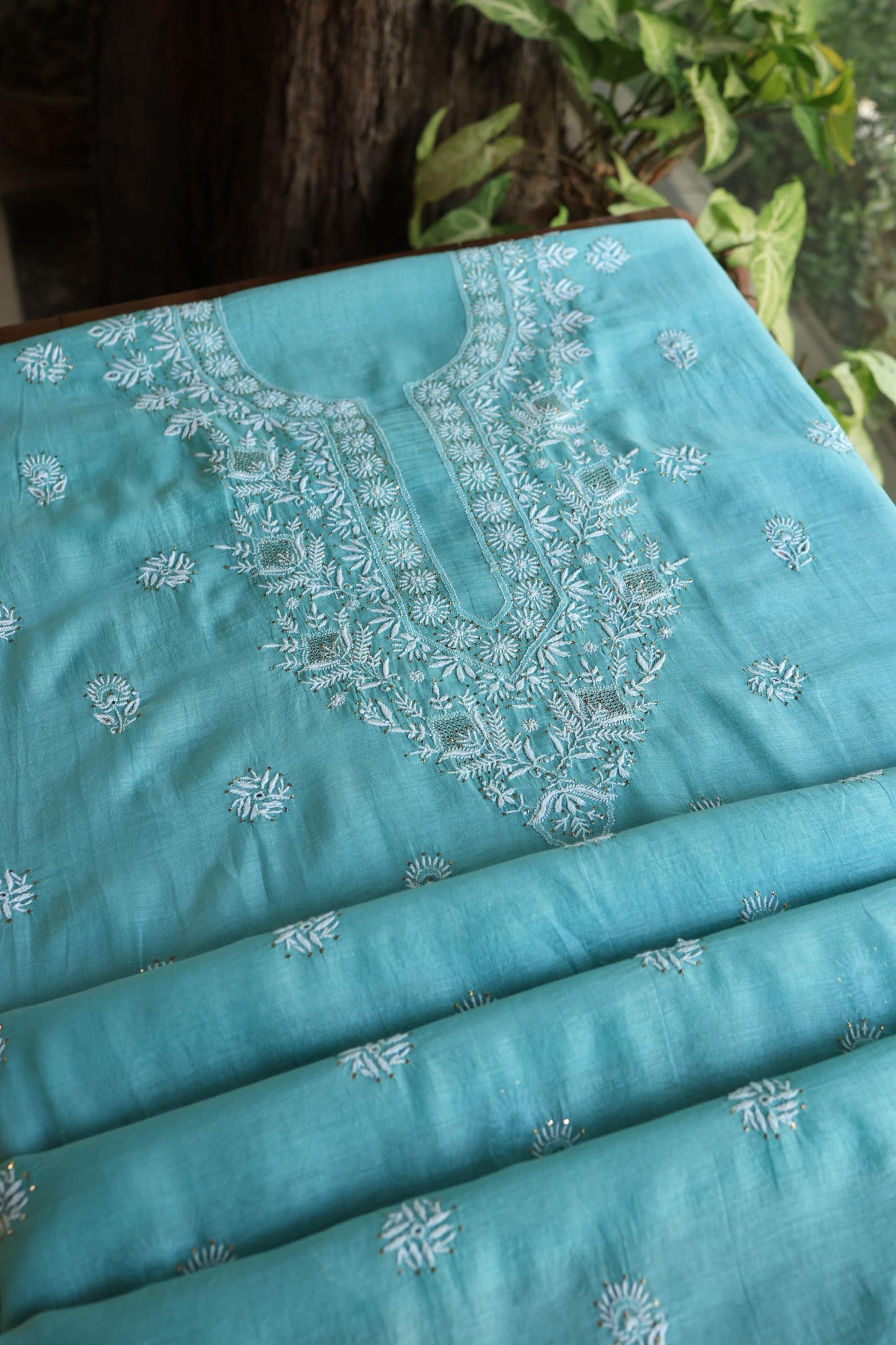 Sea Blue Shade Mal Cotton Fine Chikankari Unstitched Fabric