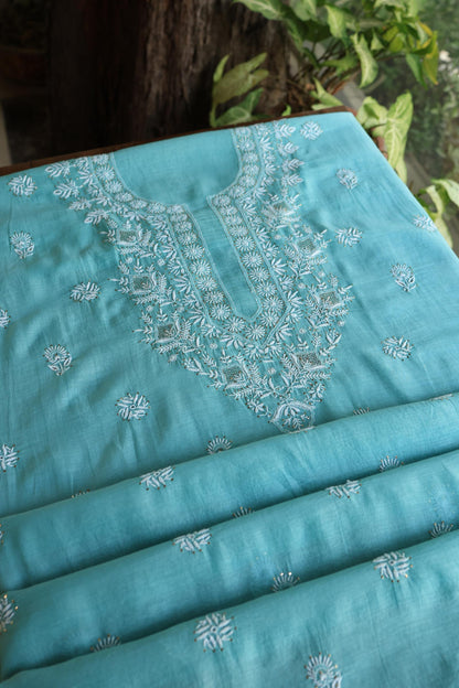 Sea Blue Shade Mal Cotton Fine Chikankari Unstitched Fabric