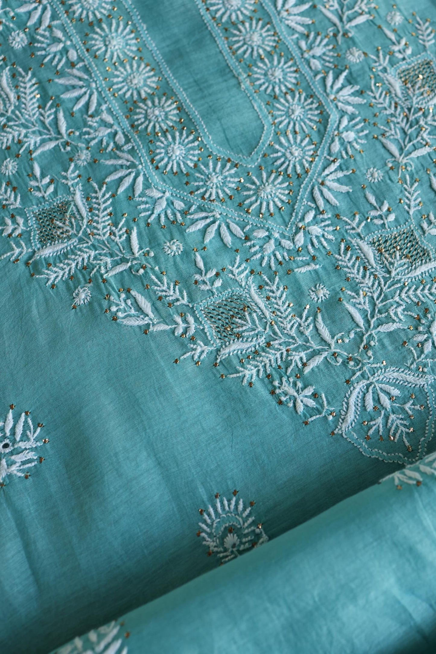 Sea Blue Shade Mal Cotton Fine Chikankari Unstitched Fabric