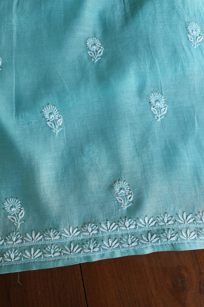 Sea Blue Shade Mal Cotton Fine Chikankari Unstitched Fabric