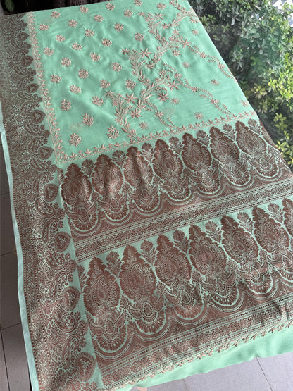 Sea Green Chanderi Saree with Chikankari Embroidery & Banarasi Zari Border