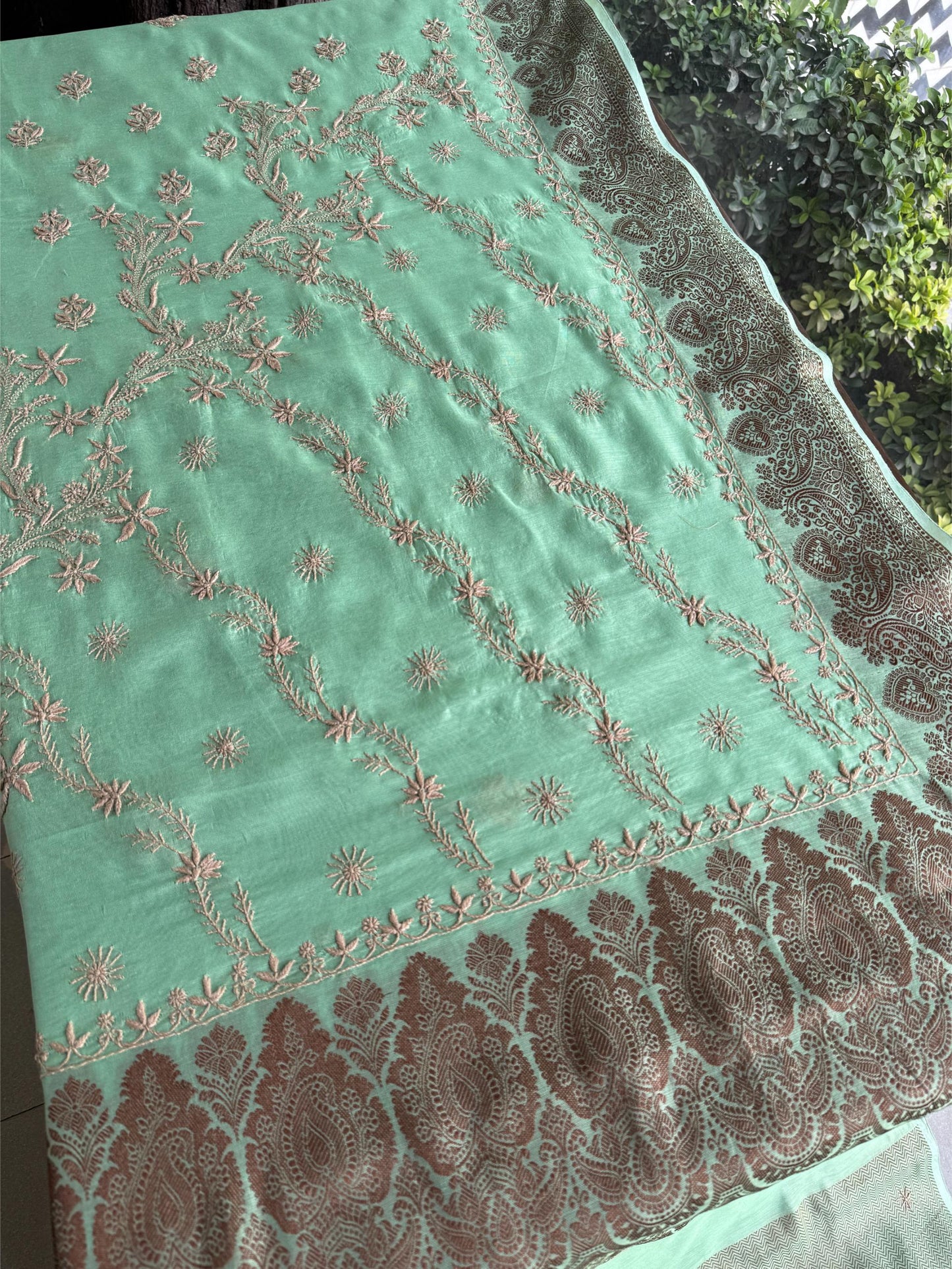Sea Green Chanderi Saree with Chikankari Embroidery & Banarasi Zari Border