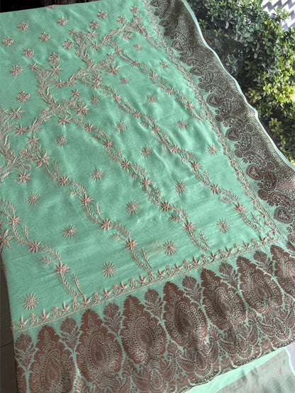 Sea Green Chanderi Saree with Chikankari Embroidery & Banarasi Zari Border