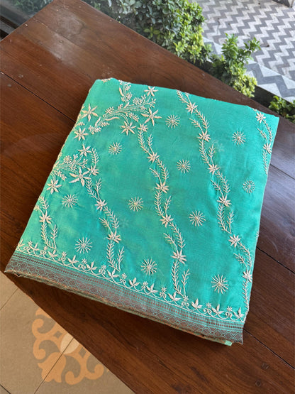 Sea Green Chanderi Saree with Chikankari Embroidery & Banarasi Zari Border