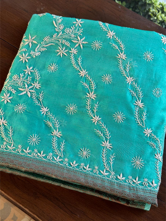 Sea Green Chanderi Saree with Chikankari Embroidery & Banarasi Zari Border