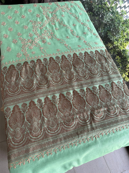 Sea Green Chanderi Saree with Chikankari Embroidery & Banarasi Zari Border