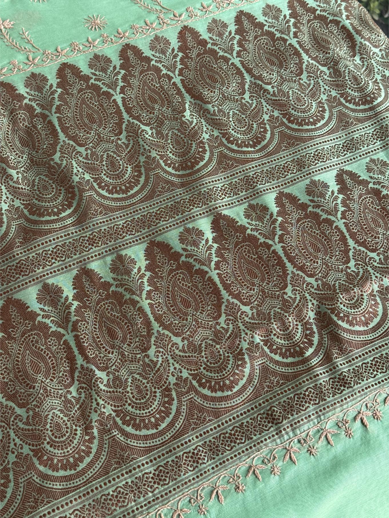 Sea Green Chanderi Saree with Chikankari Embroidery & Banarasi Zari Border